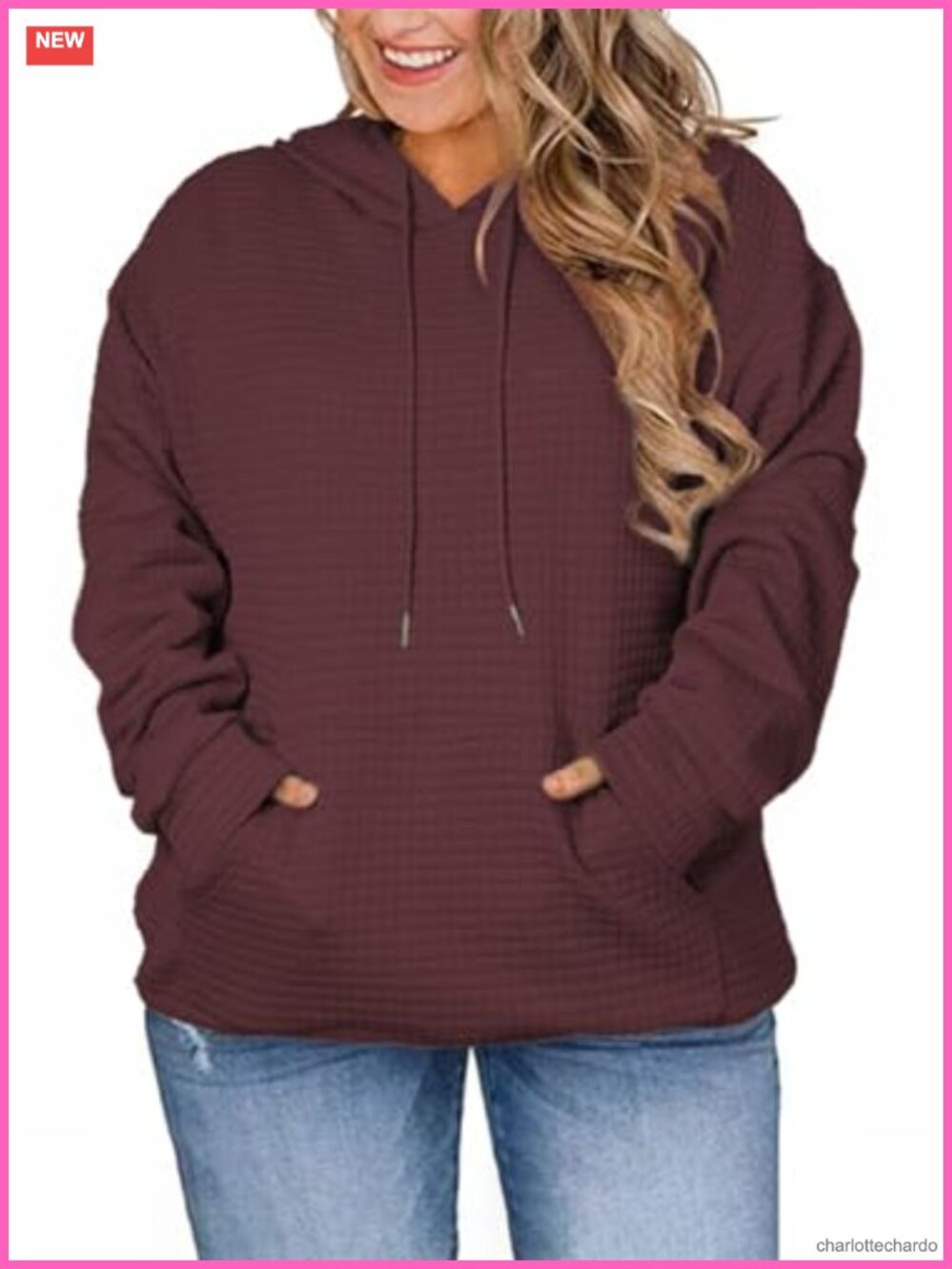 Womens Plus Size Waffle Knit Hoodie Pullover Sweatshirt with Pocket Long Sleeve